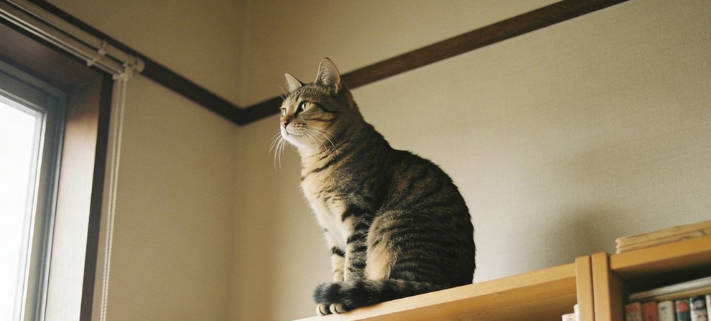 The cat climbed onto the high bookshelf